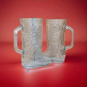 Vintage Cowboy Boot Beer Mug 6" Tall Clear Glass WESTERN BOOT Lot of 2